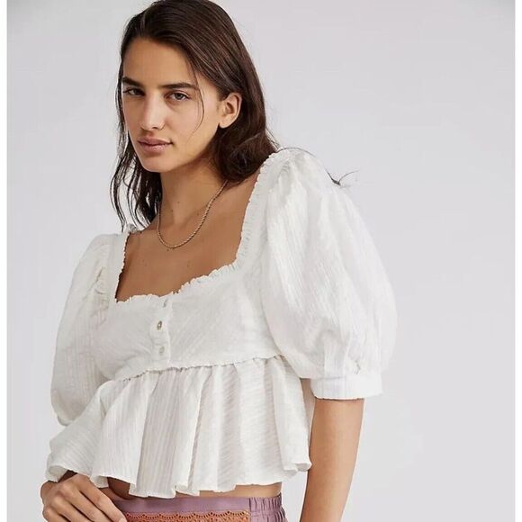 Free People Tops - Free People Leave It To Me Babydoll Top Blouse Puff Sleeves in Ivory Size Small